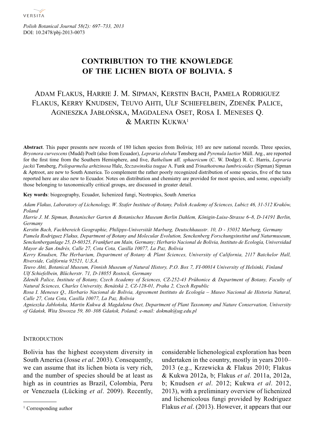 Contribution to the Knowledge of the Lichen Biota of Bolivia