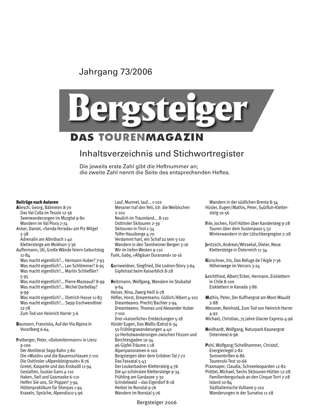 Jahrgang 73/2006 Inhaltsverzeichnis Und Stichwortregister