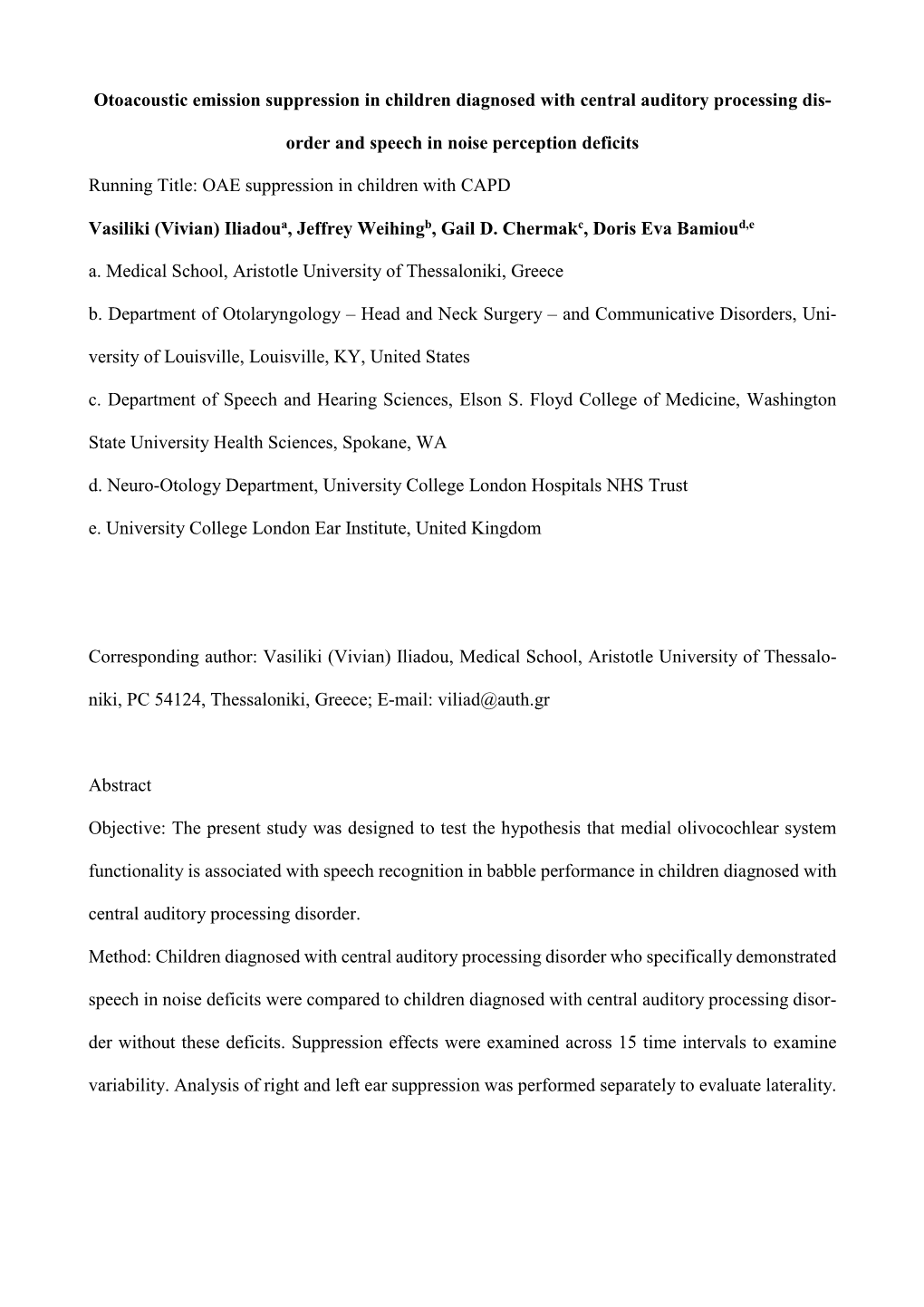 Otoacoustic Emission Suppression in Children Diagnosed with Central Auditory Processing Dis