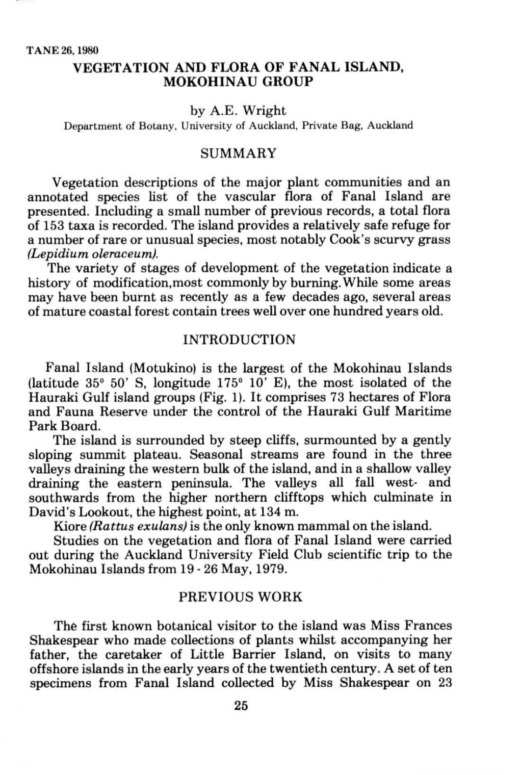 VEGETATION and FLORA of FANAL ISLAND, MOKOHINAU GROUP by A.E. Wright SUMMARY Vegetation Descriptions of the Major Plant Communit