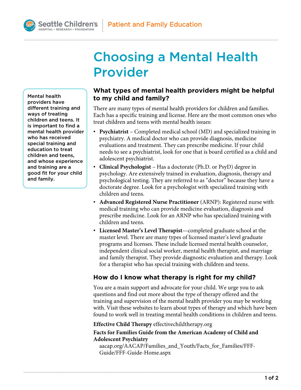 PE1739 Choosing a Mental Health Provider