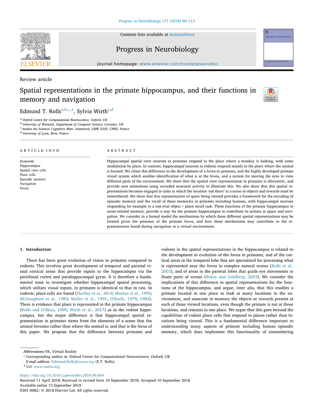 594 Rolls Wirth 2018 Spatial Representations in the Primate