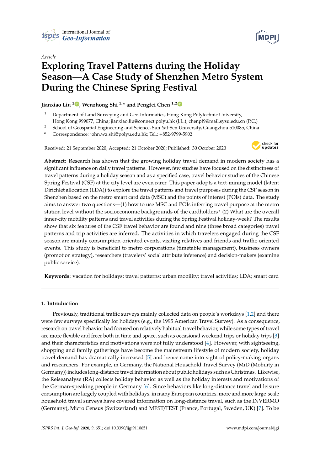 Exploring Travel Patterns During the Holiday Season—A Case Study of Shenzhen Metro System During the Chinese Spring Festival