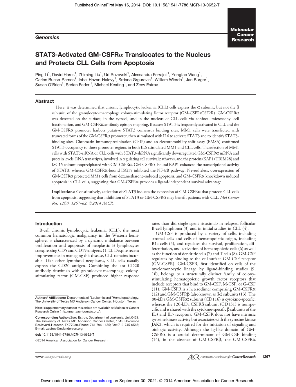 STAT3-Activated GM-Csfra Translocates to the Nucleus and Protects CLL Cells from Apoptosis
