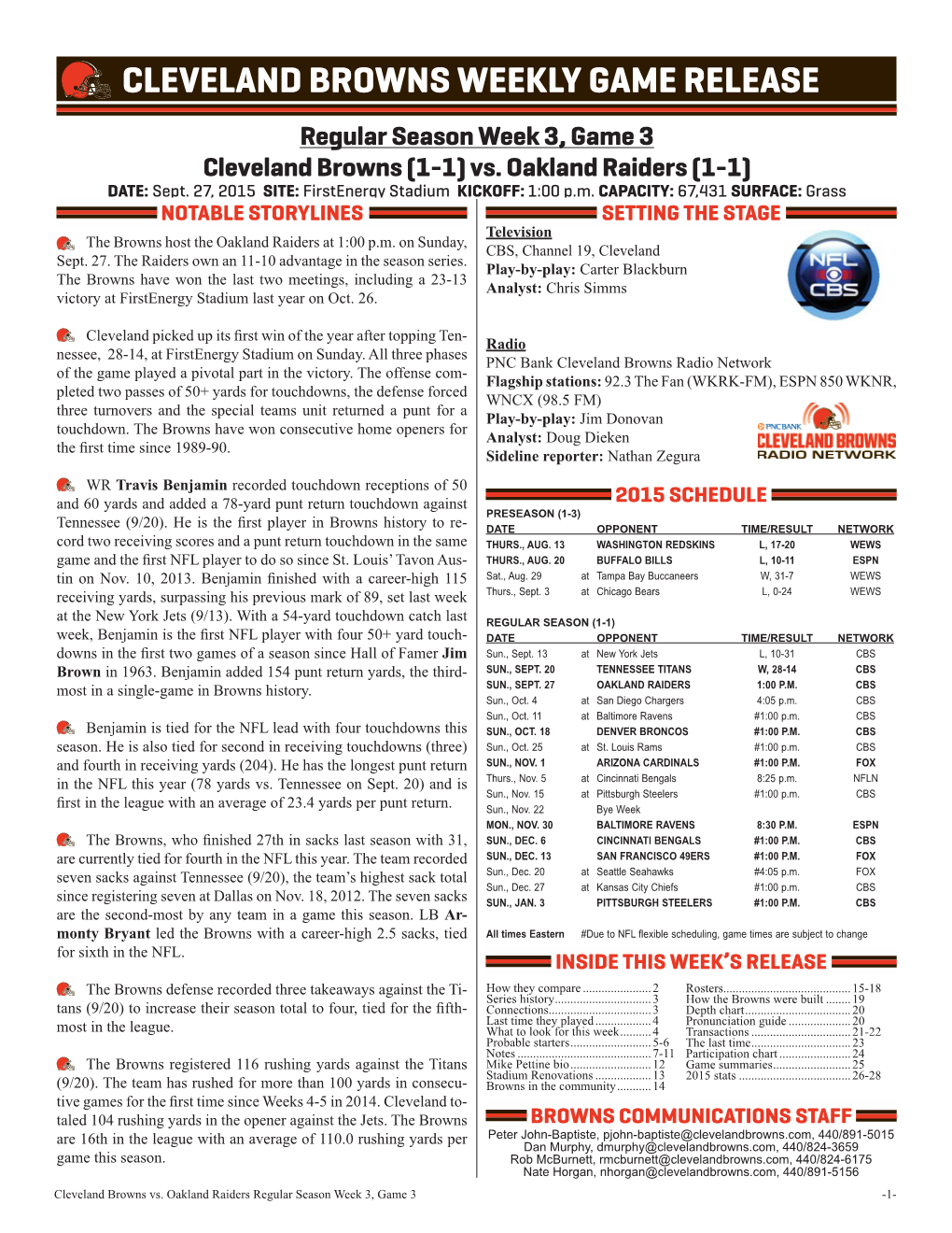 CLEVELAND BROWNS WEEKLY GAME RELEASE Regular Season Week 3, Game 3 Cleveland Browns (1-1) Vs