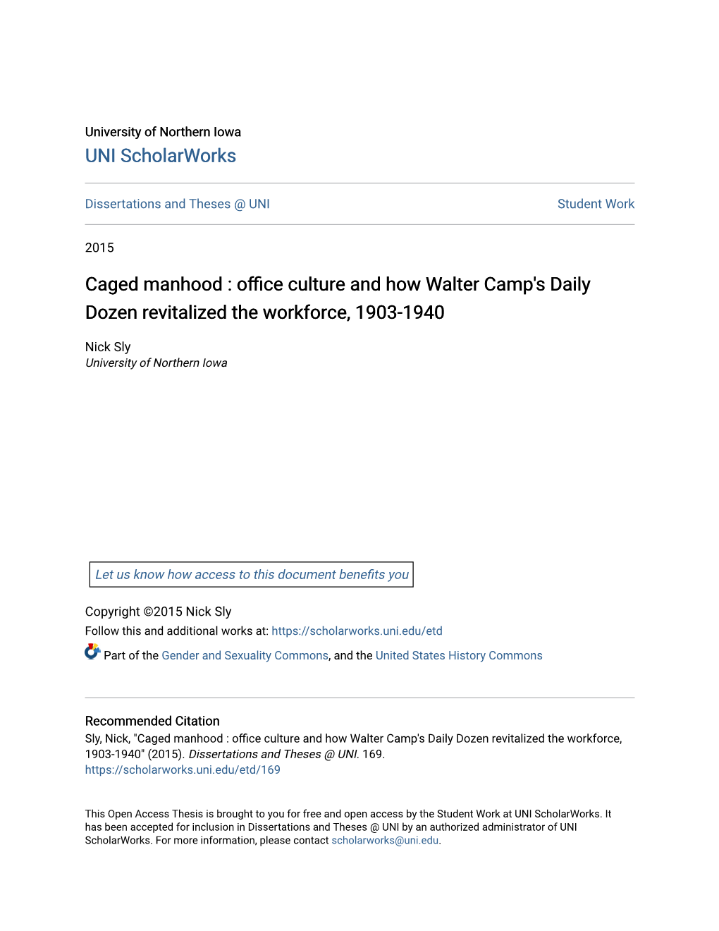 Caged Manhood : Office Culture and How Walter Camp's Daily Dozen Revitalized the Workforce, 1903-1940