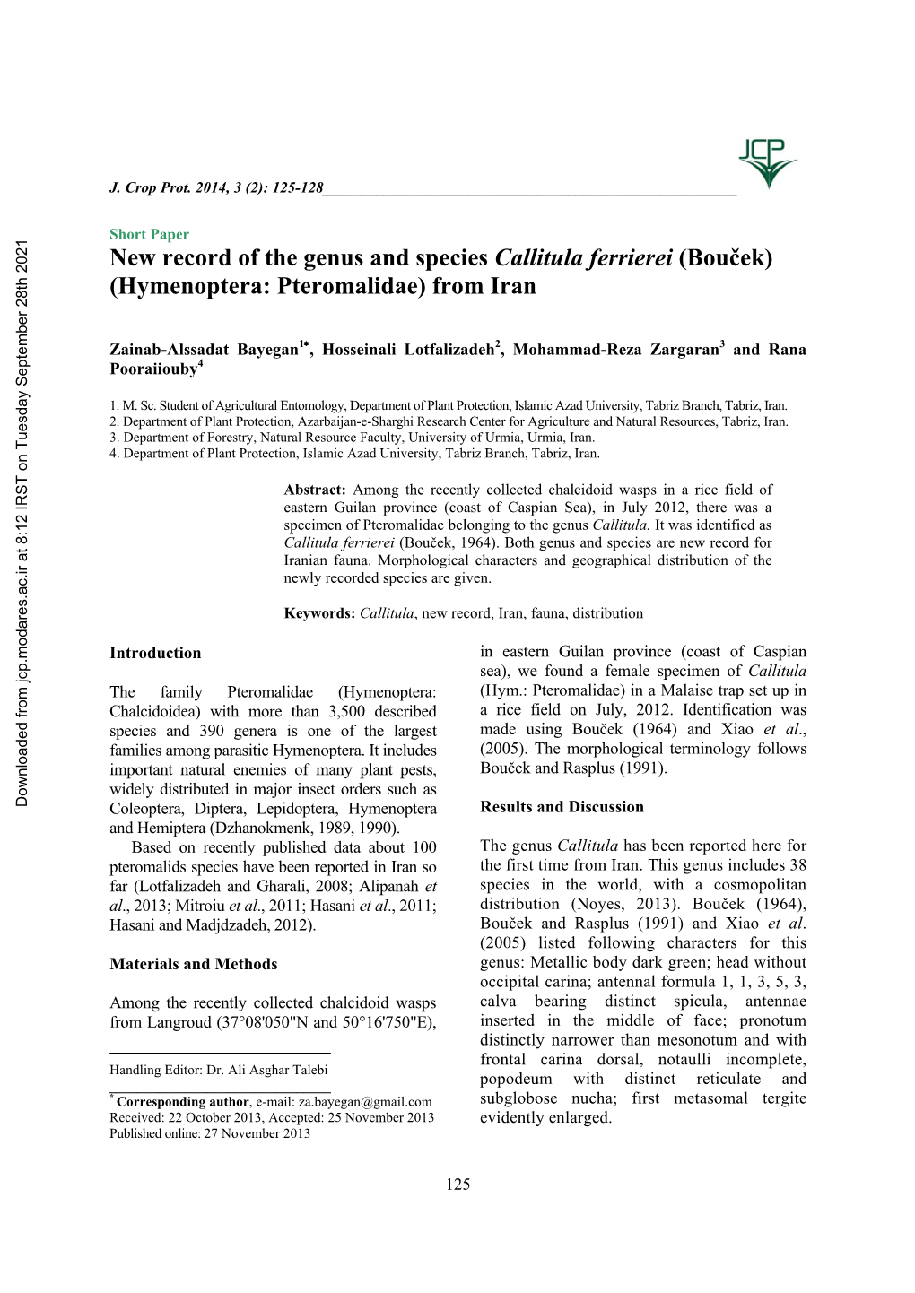 New Record of the Genus and Species Callitula Ferrierei (Bouček) (Hymenoptera: Pteromalidae) from Iran