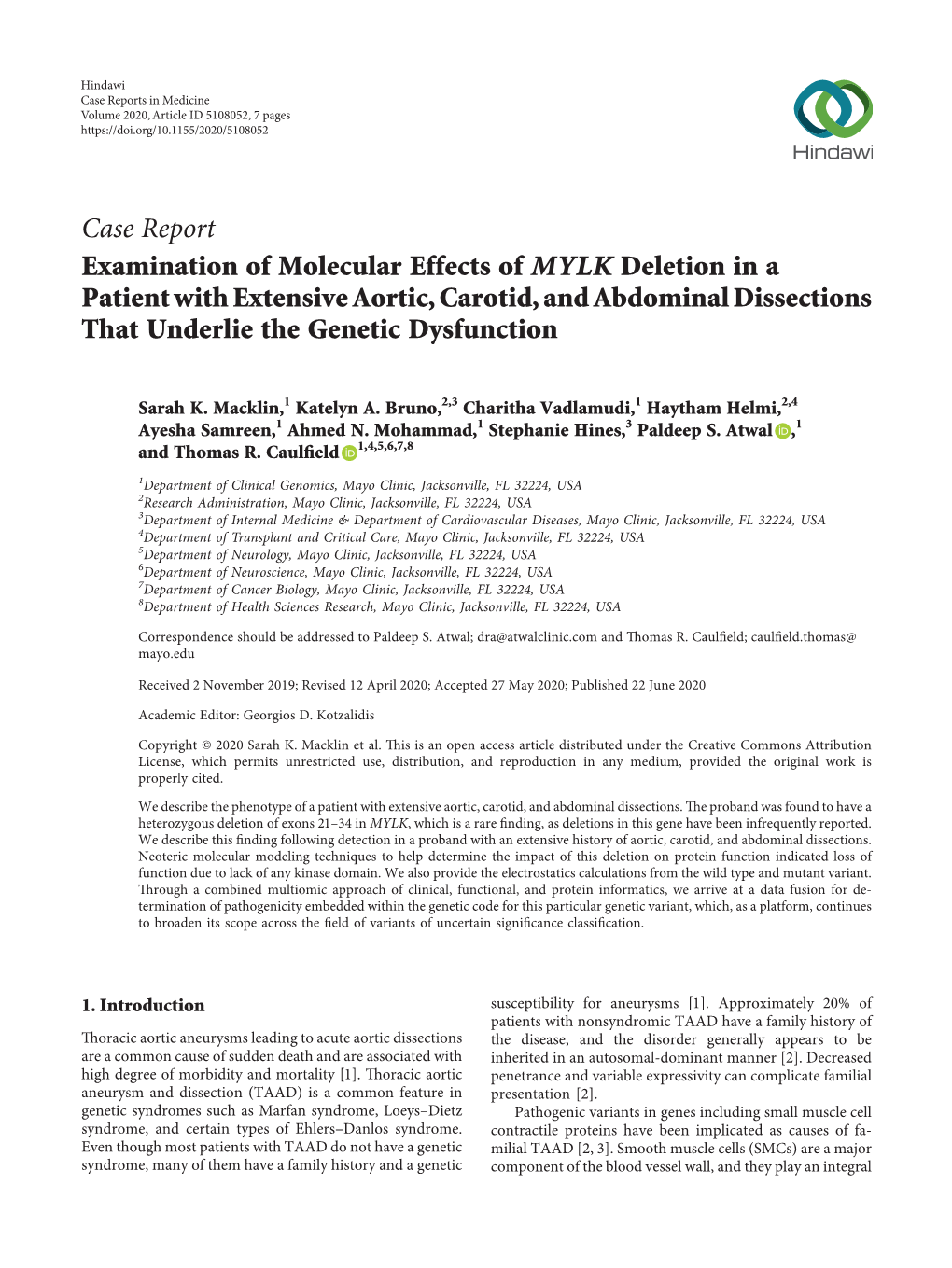 Examination of Molecular Effects of MYLK Deletion in a Patient with Extensive Aortic, Carotid, and Abdominal Dissections That Underlie the Genetic Dysfunction