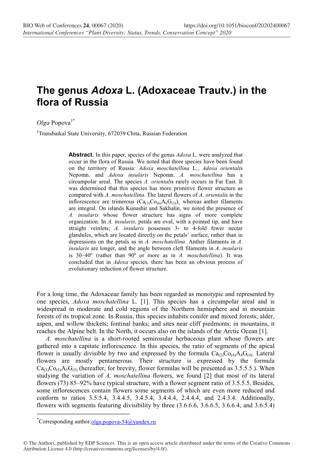 The Genus Adoxa L. (Adoxaceae Trautv.) in the Flora of Russia