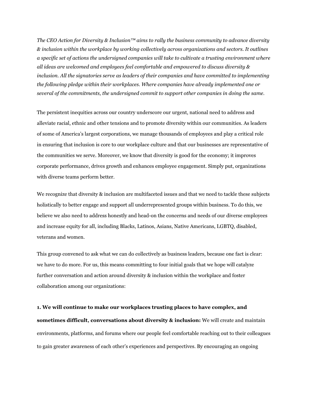 The CEO Action for Diversity & Inclusion™ Aims to Rally the Business Community to Advance Diversity & Inclusion Within