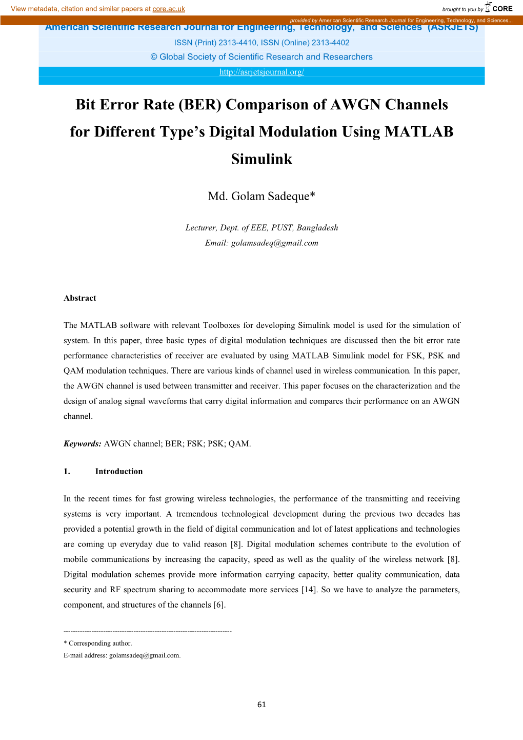 Bit Error Rate (BER) Comparison of AWGN Channels for Different Type’S Digital Modulation Using MATLAB Simulink