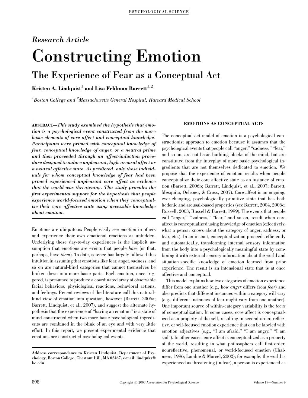 Constructing Emotion: the Experience of Fear As a Conceptual