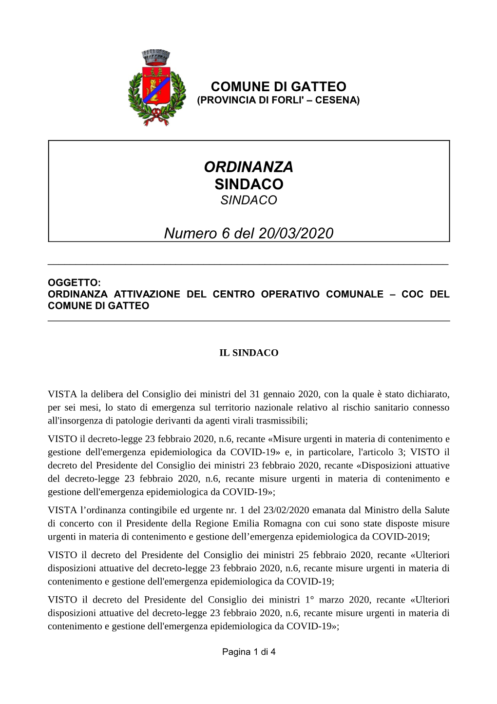 ORDINANZA SINDACO Numero 6 Del 20/03/2020