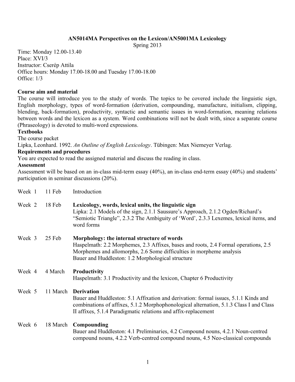 AN5014MA Perspectives on the Lexicon/AN5001MA Lexicology