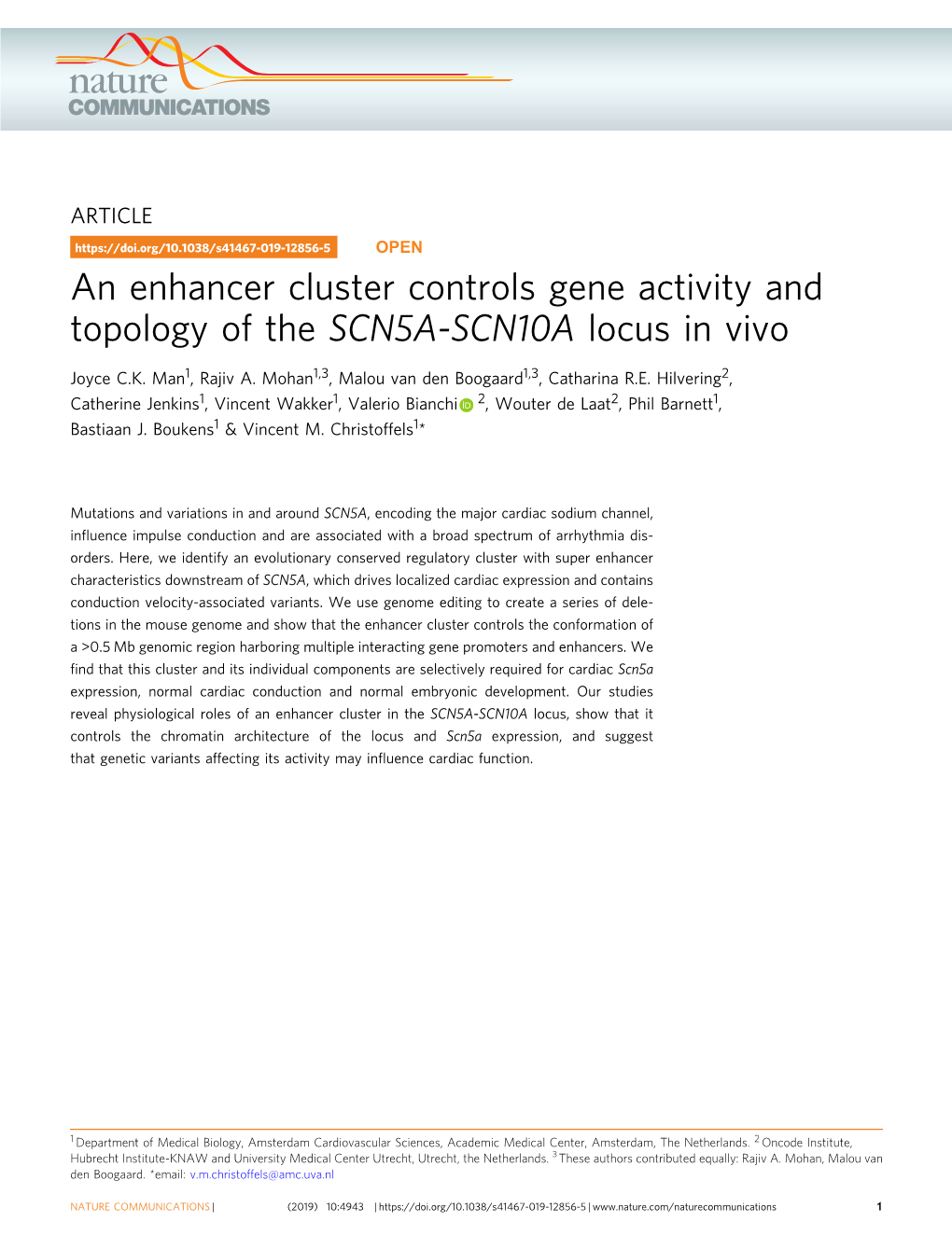 An Enhancer Cluster Controls Gene Activity and Topology of the SCN5A-SCN10A Locus in Vivo