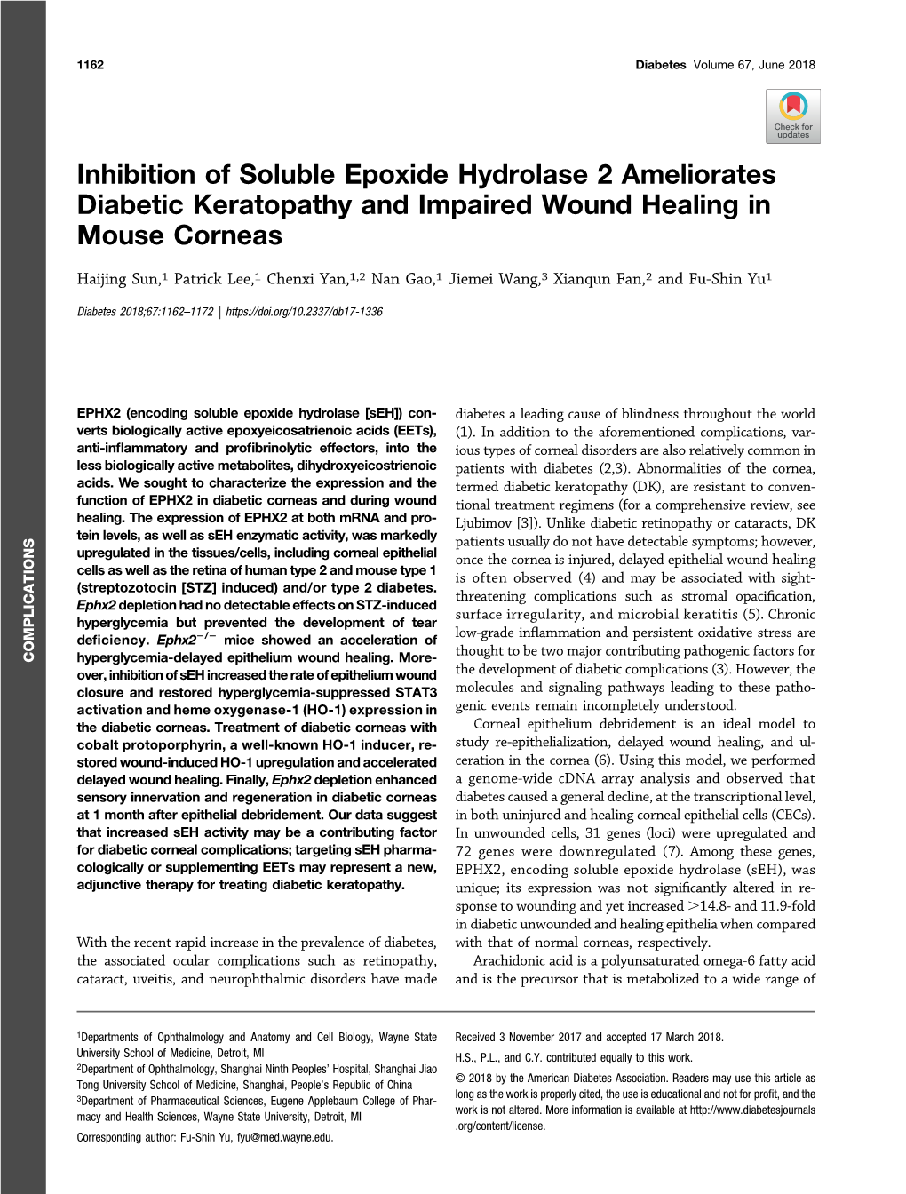 Inhibition of Soluble Epoxide Hydrolase 2 Ameliorates Diabetic Keratopathy and Impaired Wound Healing in Mouse Corneas