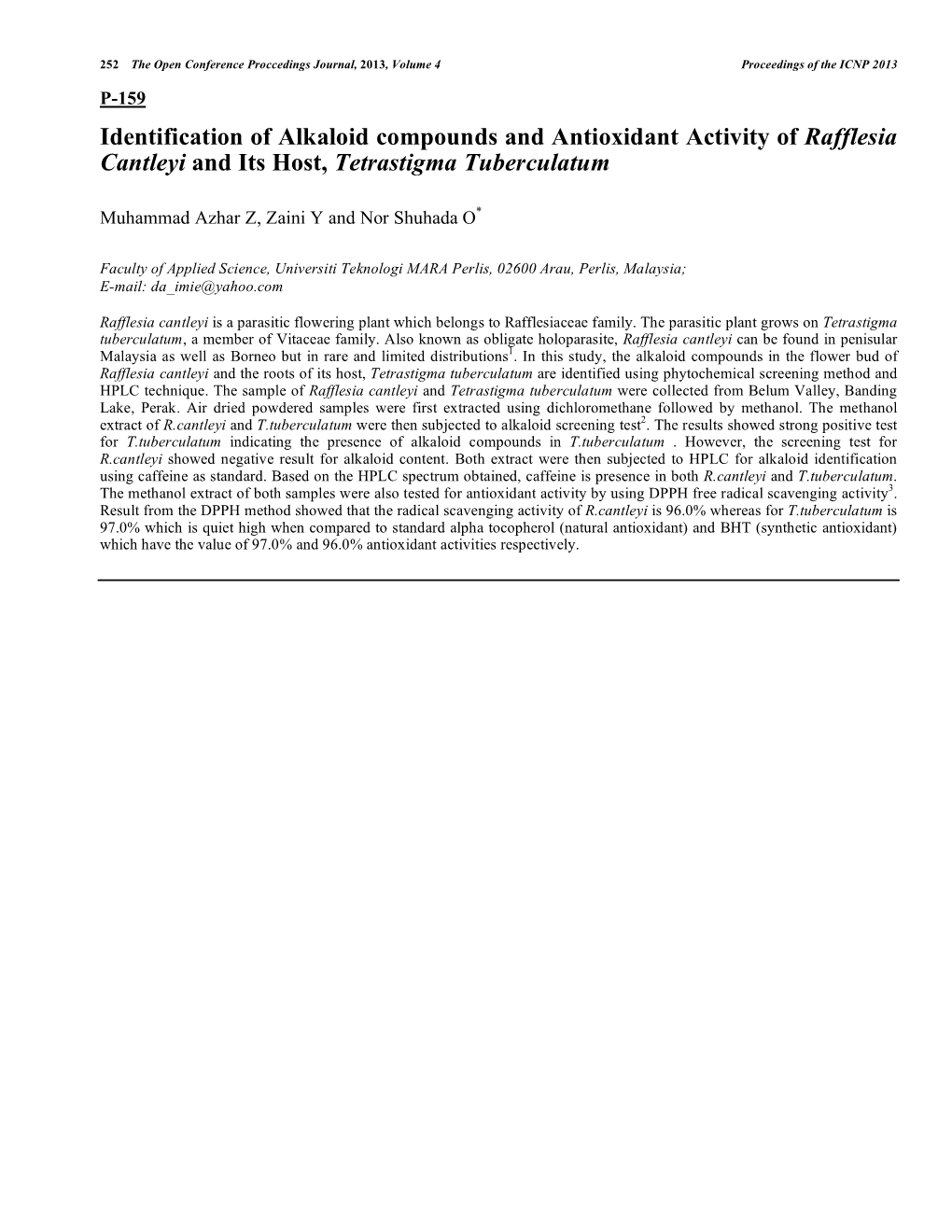 Identification of Alkaloid Compounds and Antioxidant Activity of Rafflesia Cantleyi and Its Host, Tetrastigma Tuberculatum