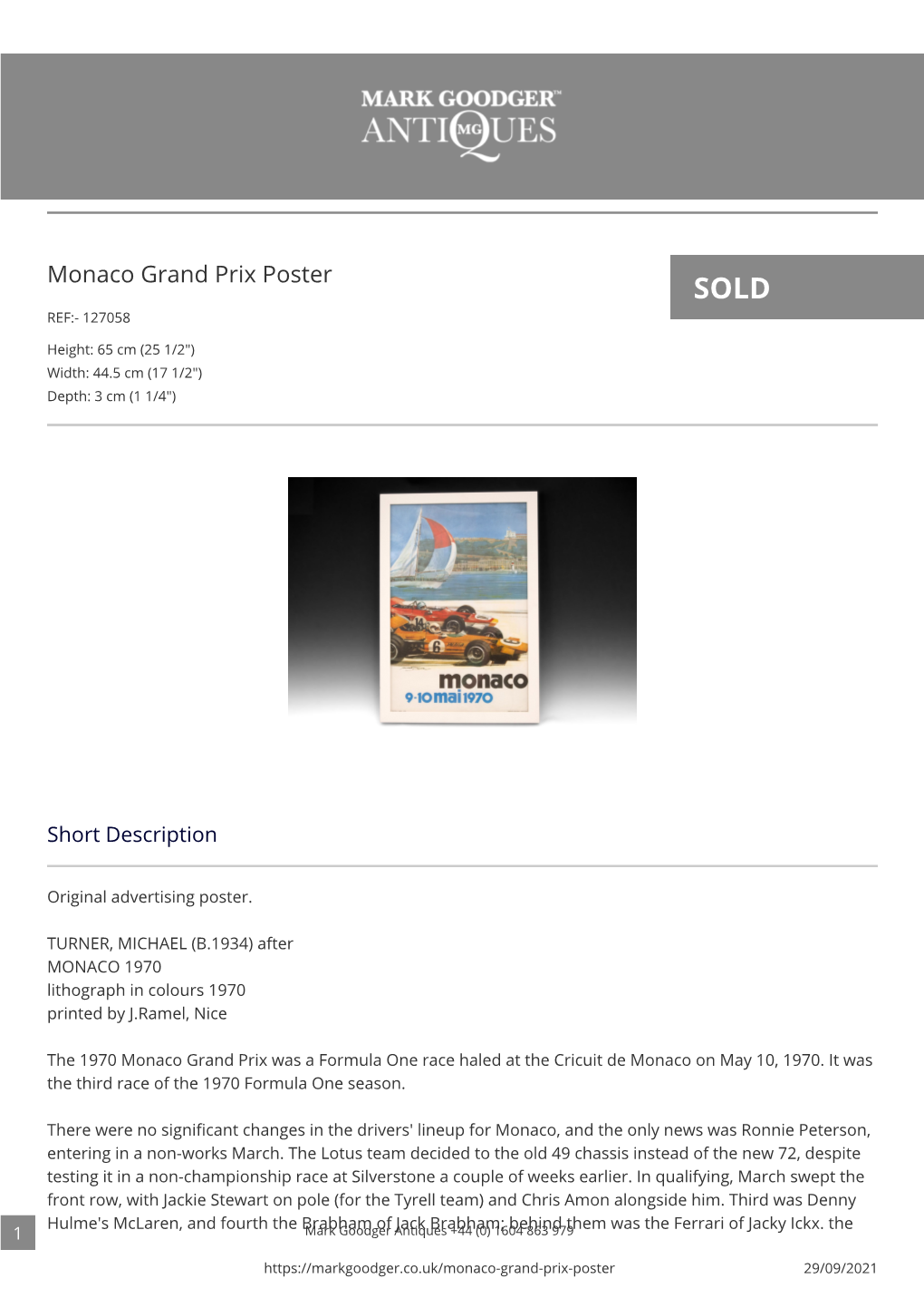 Monaco Grand Prix Poster SOLD REF:- 127058