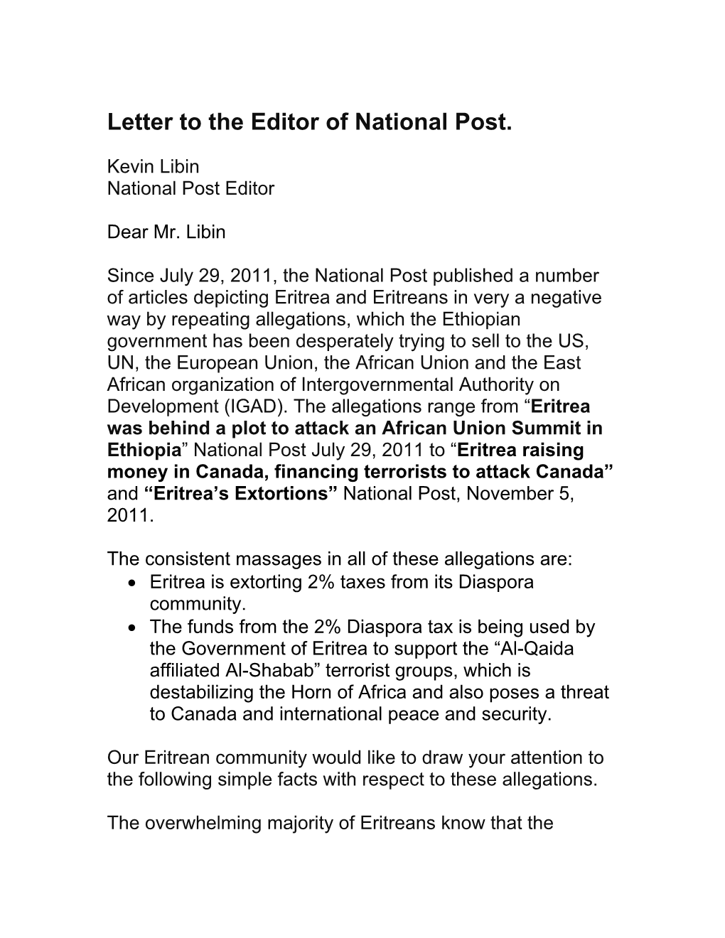 Letter to the Editor of National Post
