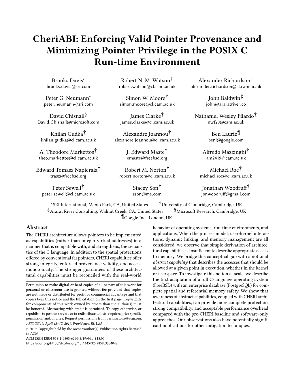 Cheriabi: Enforcing Valid Pointer Provenance and Minimizing Pointer Privilege in the POSIX C Run-Time Environment