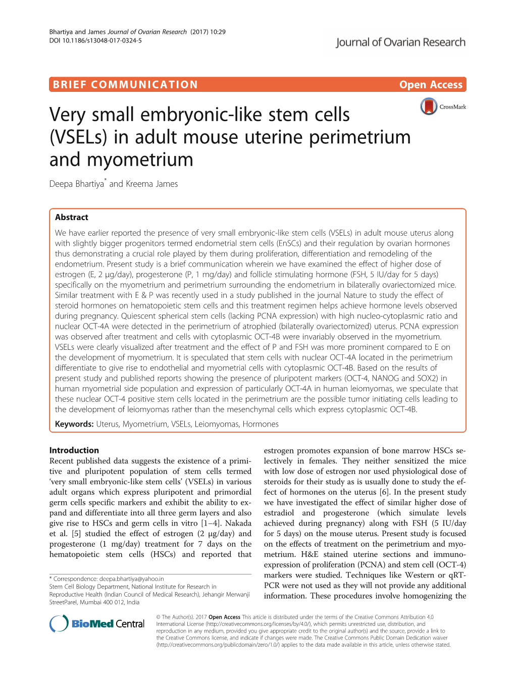 (Vsels) in Adult Mouse Uterine Perimetrium and Myometrium Deepa Bhartiya* and Kreema James