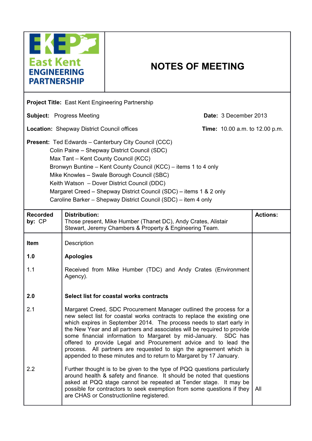 Subject: Progress Meeting Date: 3 December 2013