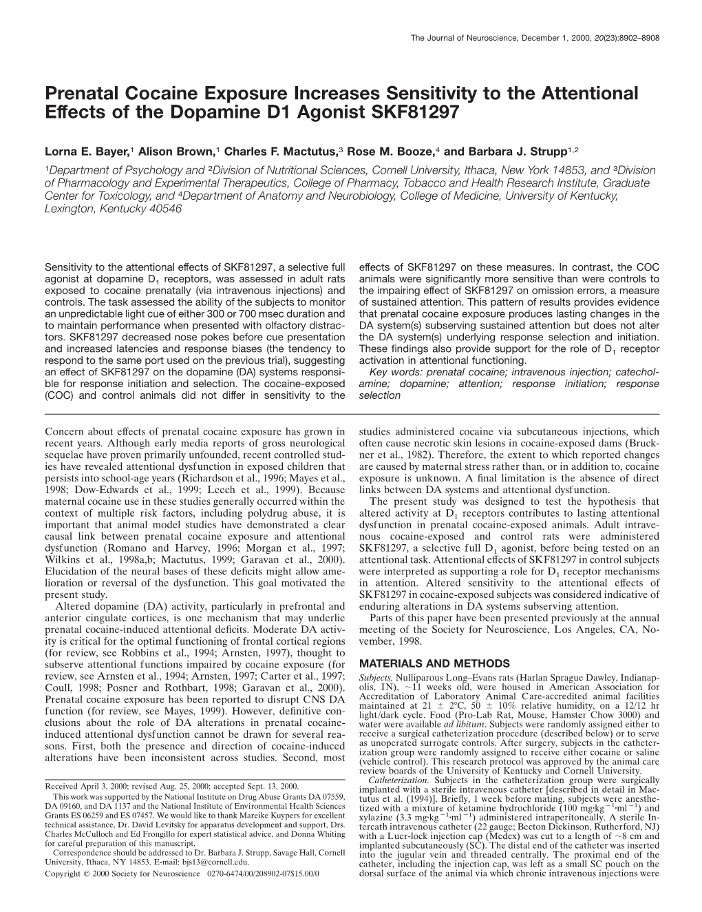 Prenatal Cocaine Exposure Increases Sensitivity to the Attentional Effects of the Dopamine D1 Agonist SKF81297