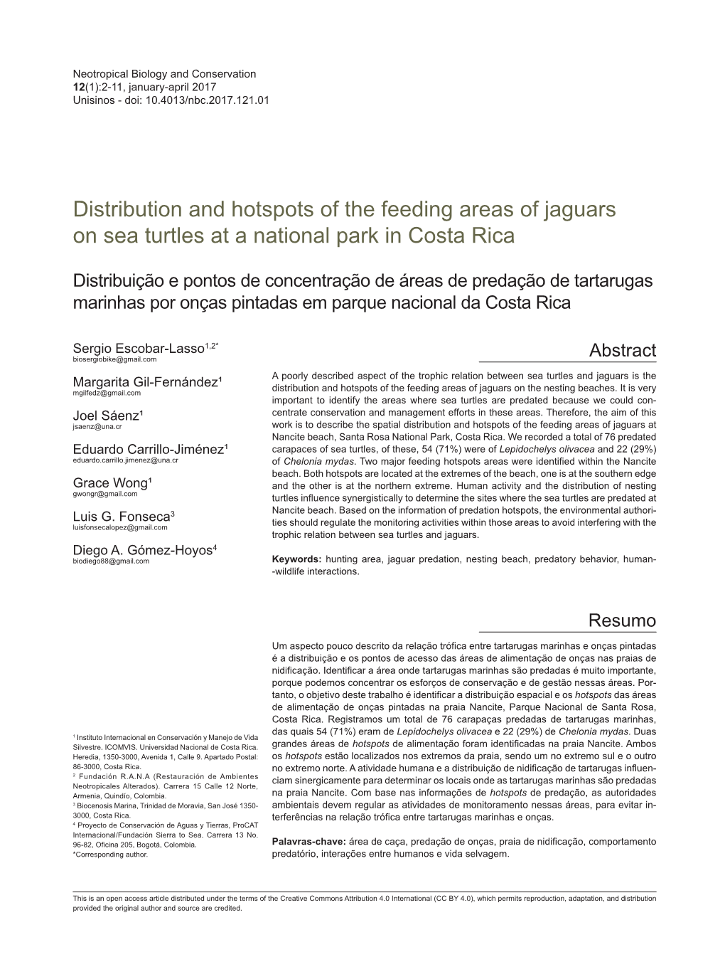 Distribution and Hotspots of the Feeding Areas of Jaguars on Sea Turtles at a National Park in Costa Rica