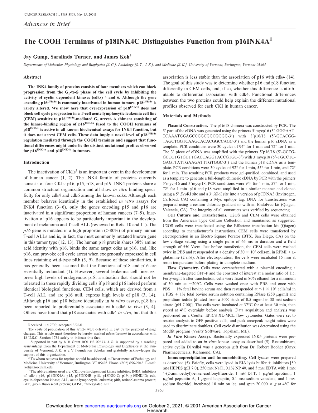 The COOH Terminus of P18ink4c Distinguishes Function from P16ink4a1