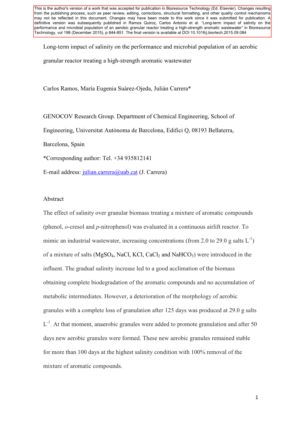 Long-Term Impact of Salinity on the Performance and Microbial Population of an Aerobic Granular Reactor Treating a High-Strength Aromatic Wastewater