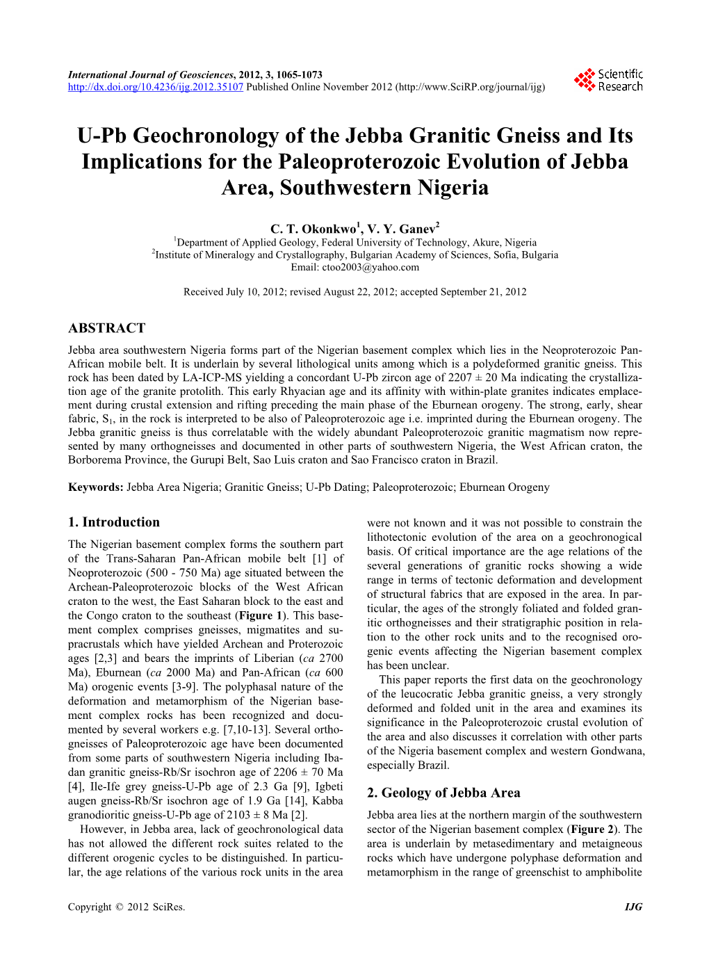 U-Pb Geochronology of the Jebba Granitic Gneiss and Its Implications for the Paleoproterozoic Evolution of Jebba Area, Southwestern Nigeria