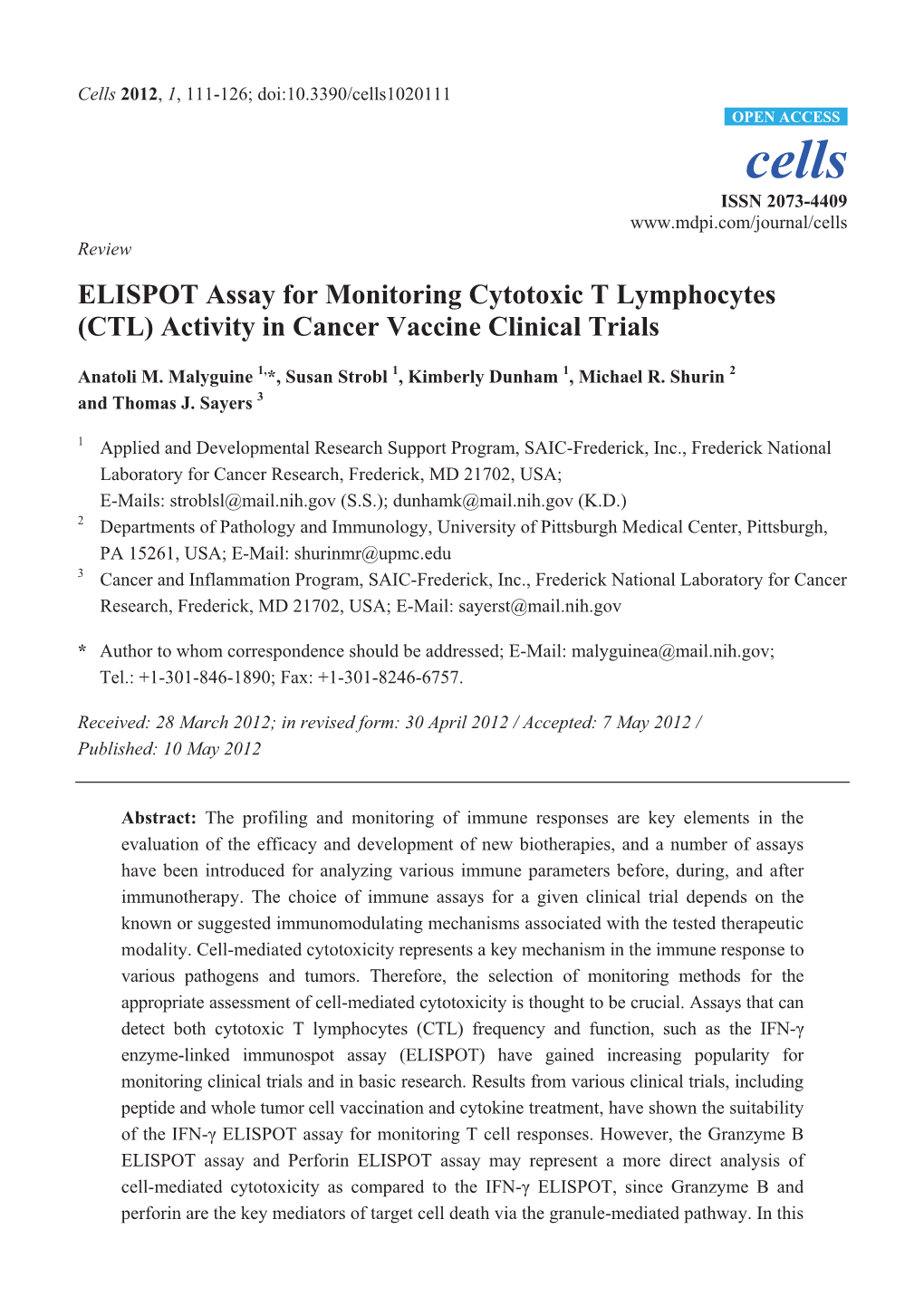 ELISPOT Assay for Monitoring Cytotoxic T Lymphocytes (CTL) Activity in Cancer Vaccine Clinical Trials