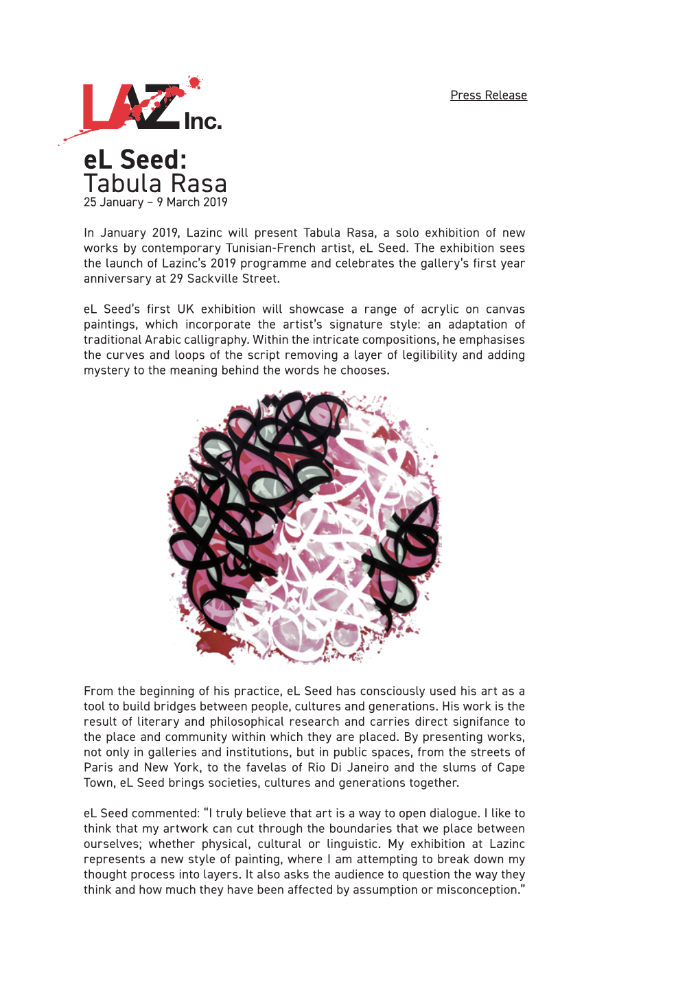 El Seed: Tabula Rasa 25 January – 9 March 2019