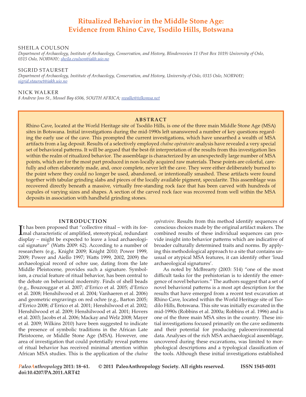 Ritualized Behavior in the Middle Stone Age: Evidence from Rhino Cave, Tsodilo Hills, Botswana