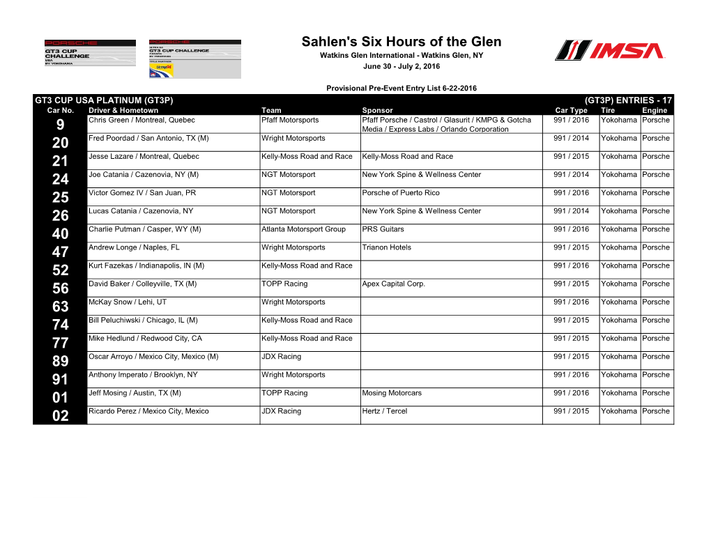 Sahlen's Six Hours of the Glen Watkins Glen International - Watkins Glen, NY June 30 - July 2, 2016
