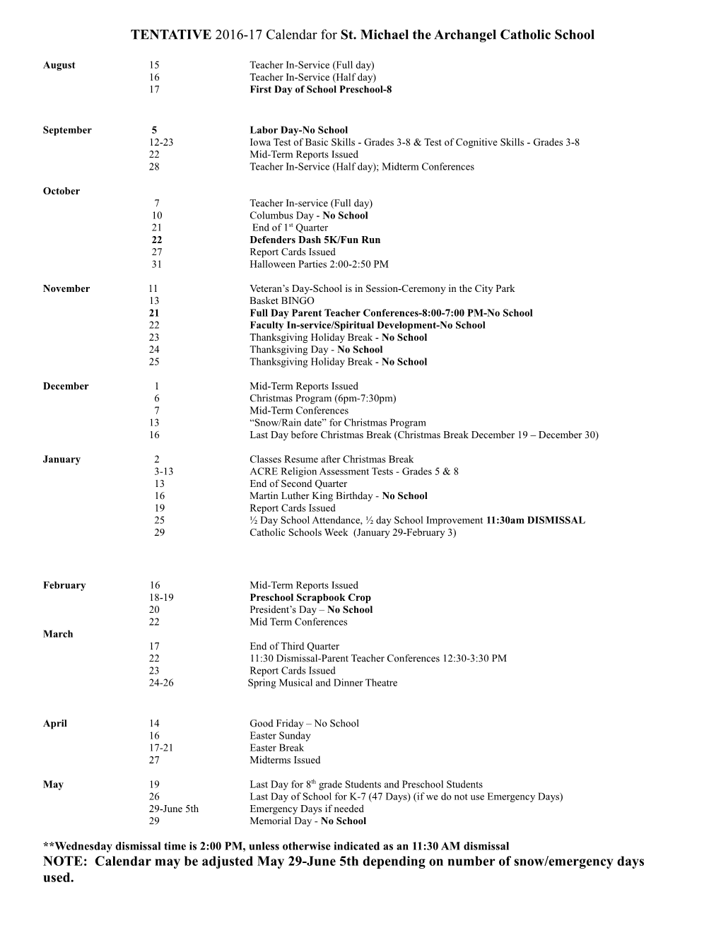 TENTATIVE 2016-17 Calendar for St. Michael the Archangel Catholic School