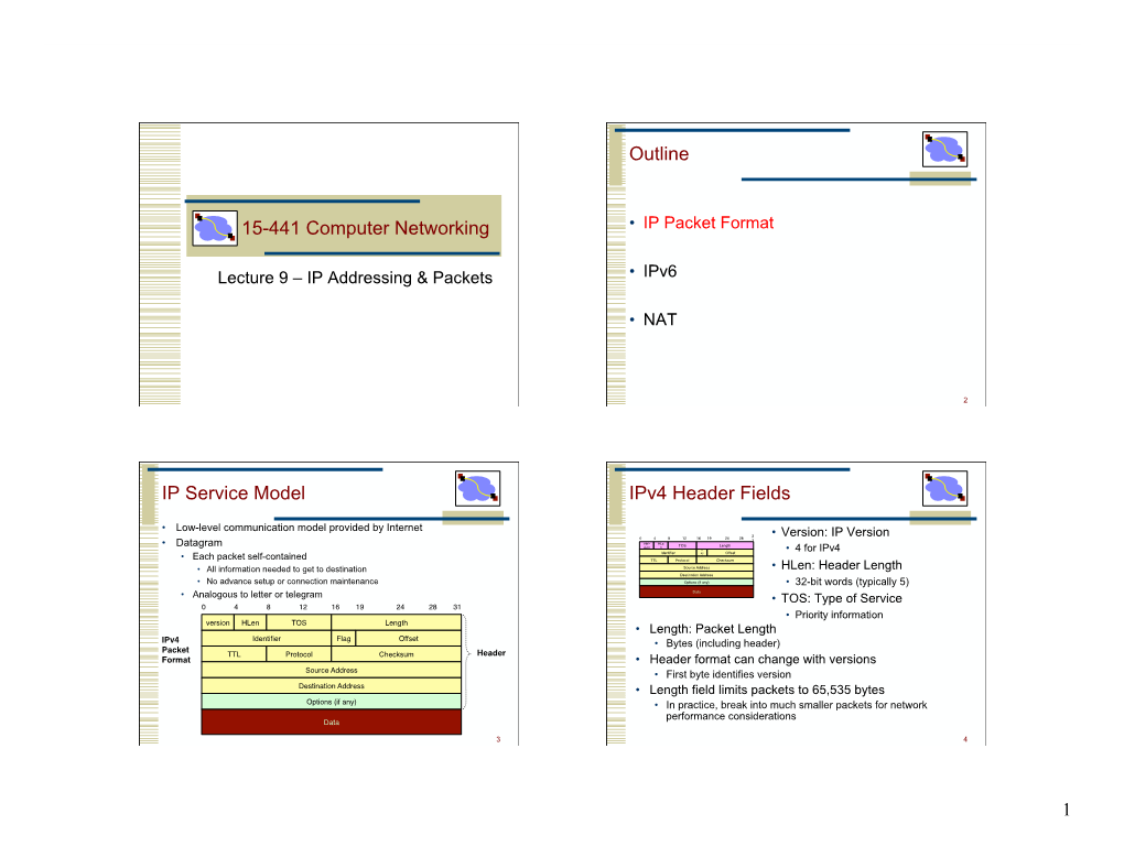 15-441 Computer Networking Outline IP Service Model Ipv4 Header Fields