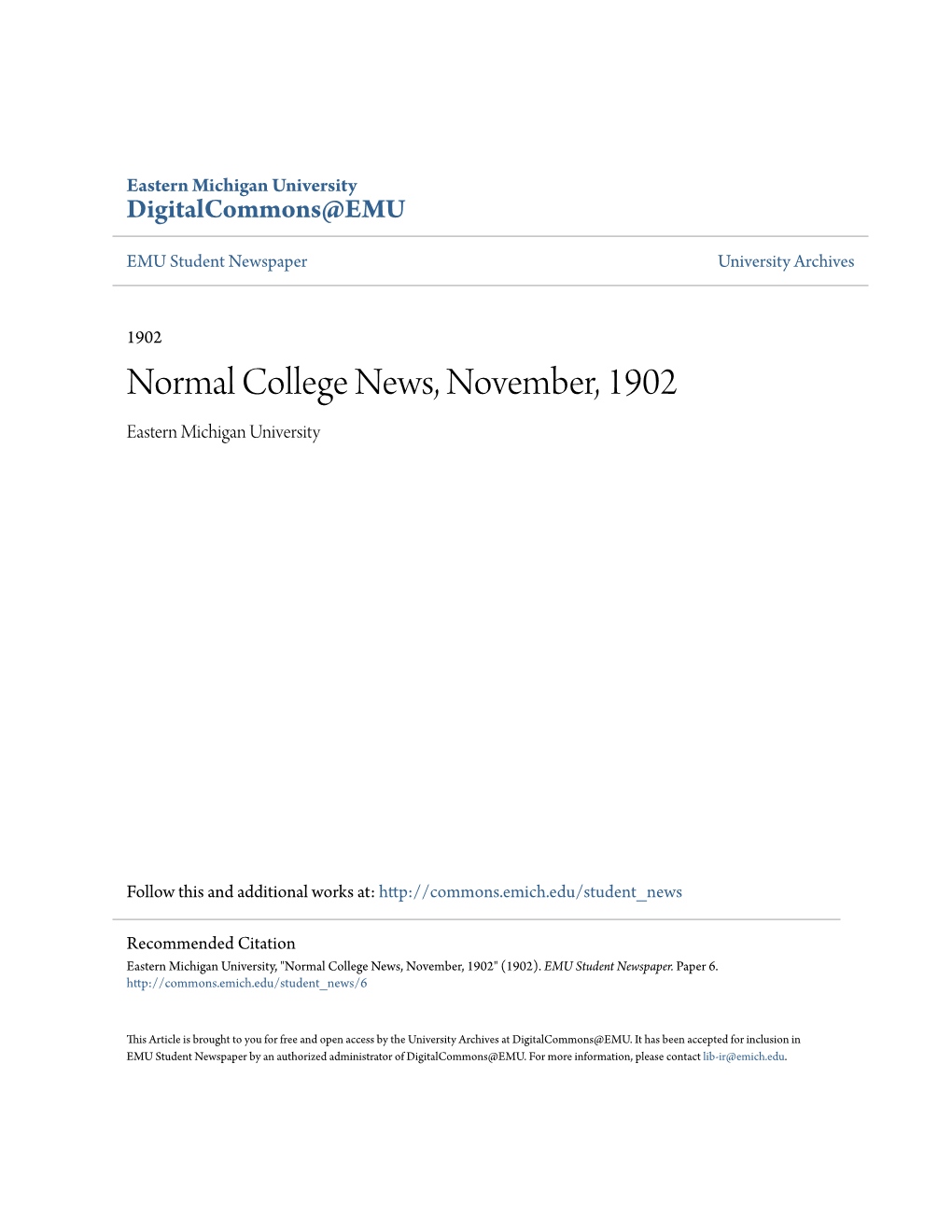 Normal College News, November, 1902 Eastern Michigan University