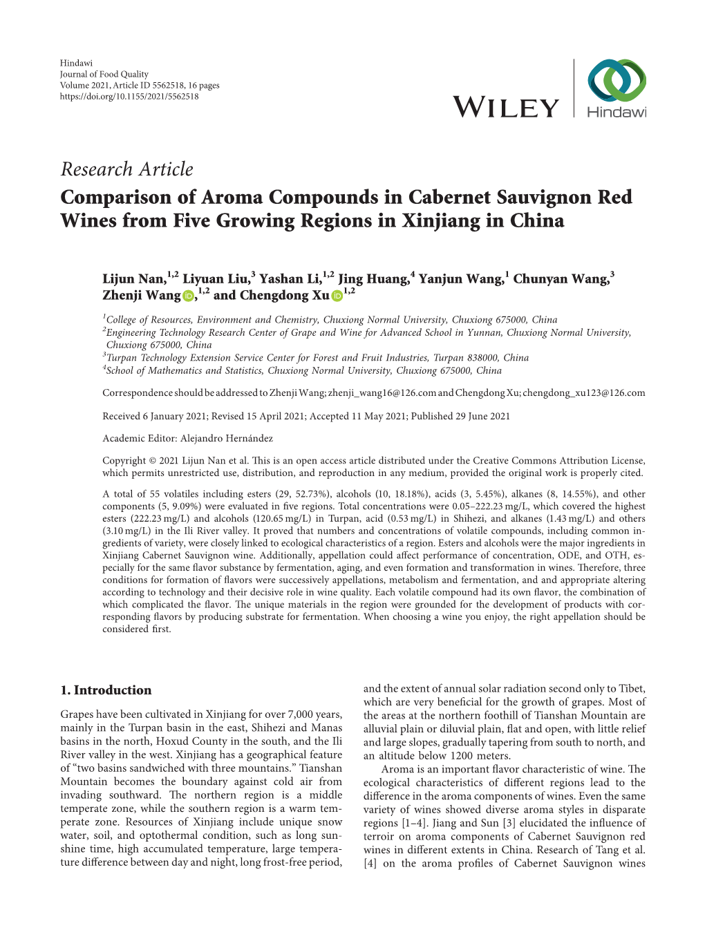 Comparison of Aroma Compounds in Cabernet Sauvignon Red Wines from Five Growing Regions in Xinjiang in China