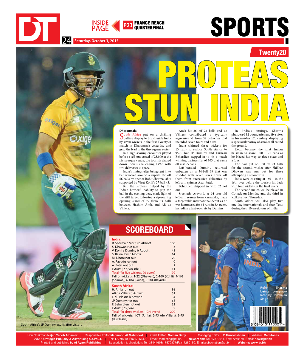 SPORTS 24 Saturday, October 3, 2015 Twenty20 PROTEAS