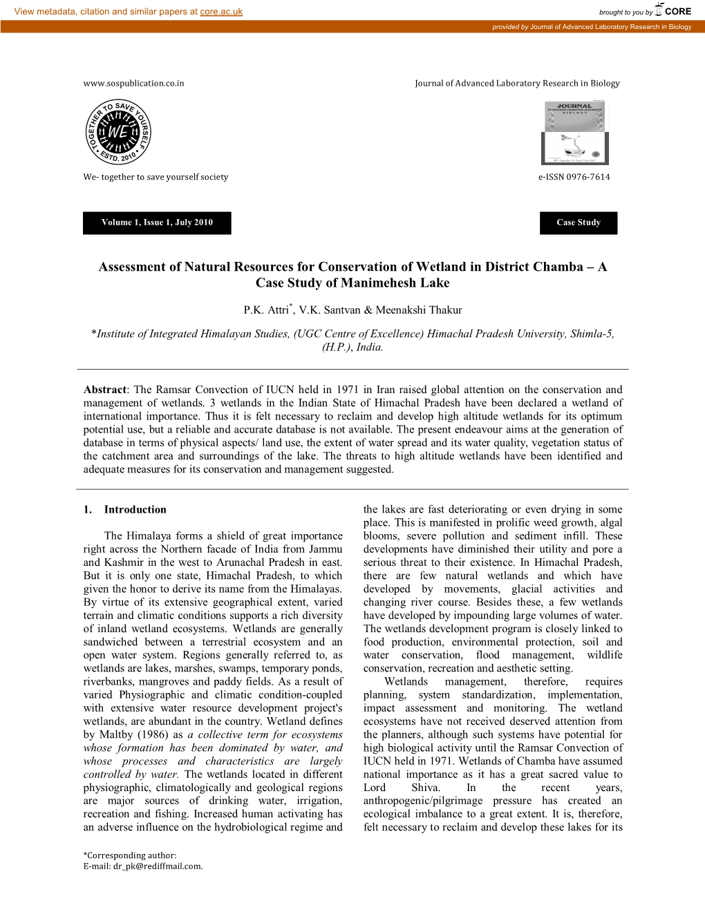 Assessment of Natural Resources for Conservation of Wetland in District Chamba – a Case Study of Manimehesh Lake