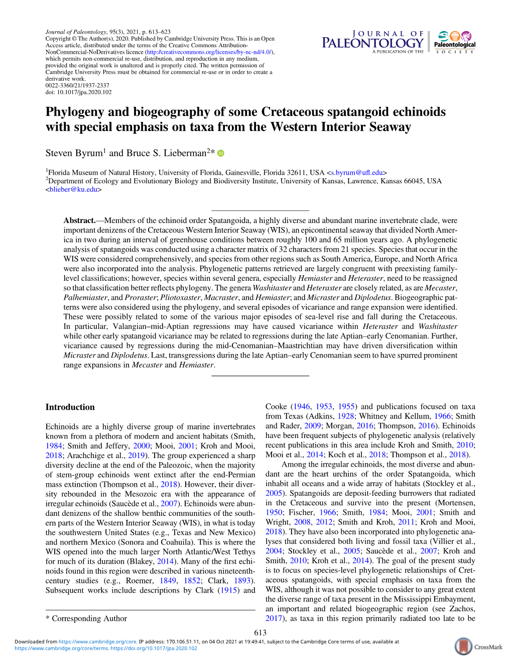 Phylogeny and Biogeography of Some Cretaceous Spatangoid Echinoids with Special Emphasis on Taxa from the Western Interior Seaway