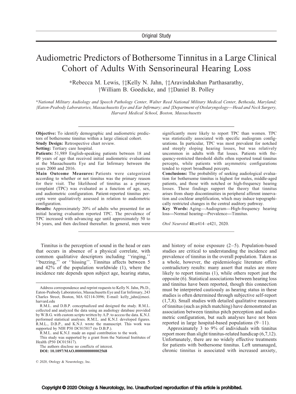 Audiometric Predictors of Bothersome Tinnitus in a Large Clinical Cohort of Adults with Sensorineural Hearing Loss