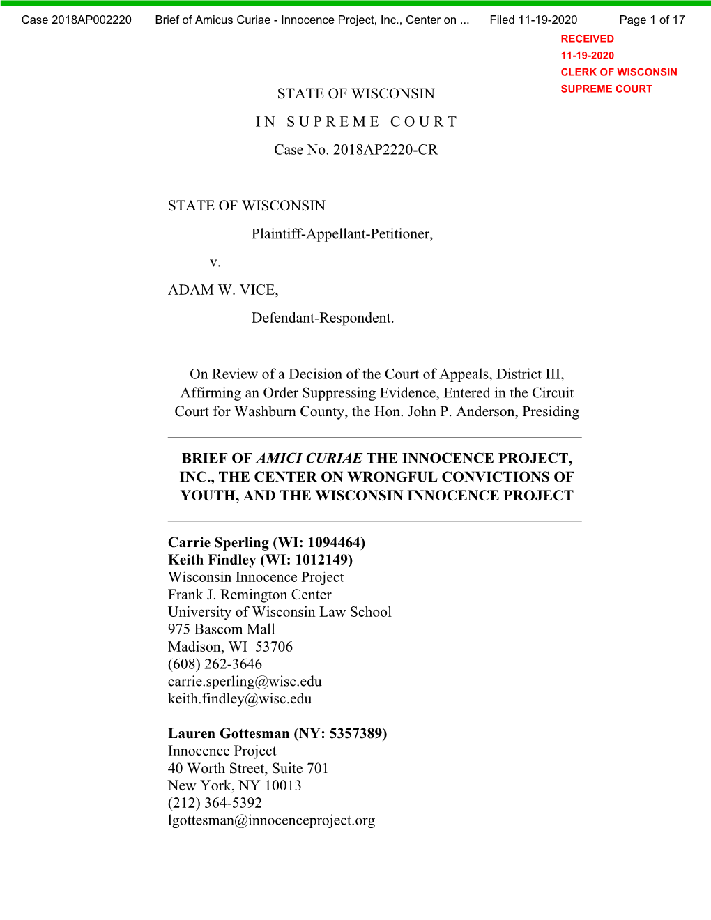 Brief of Amicus Curiae - Innocence Project, Inc., Center on