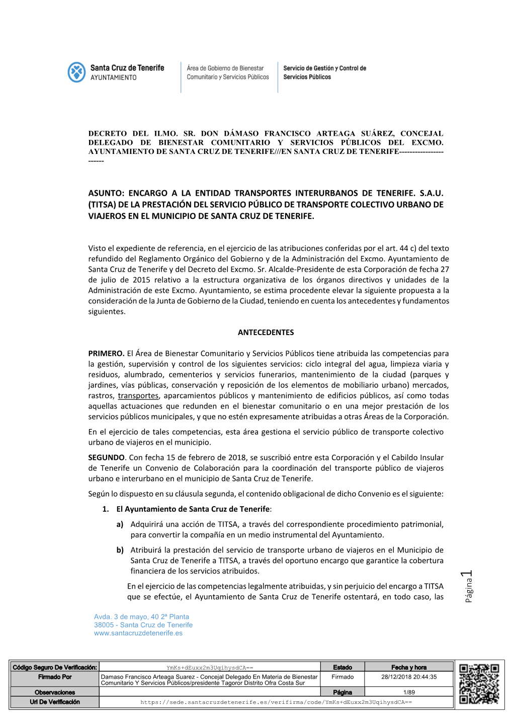 Págin a ASUNTO: ENCARGO a LA ENTIDAD TRANSPORTES INTERURBANOS DE TENERIFE