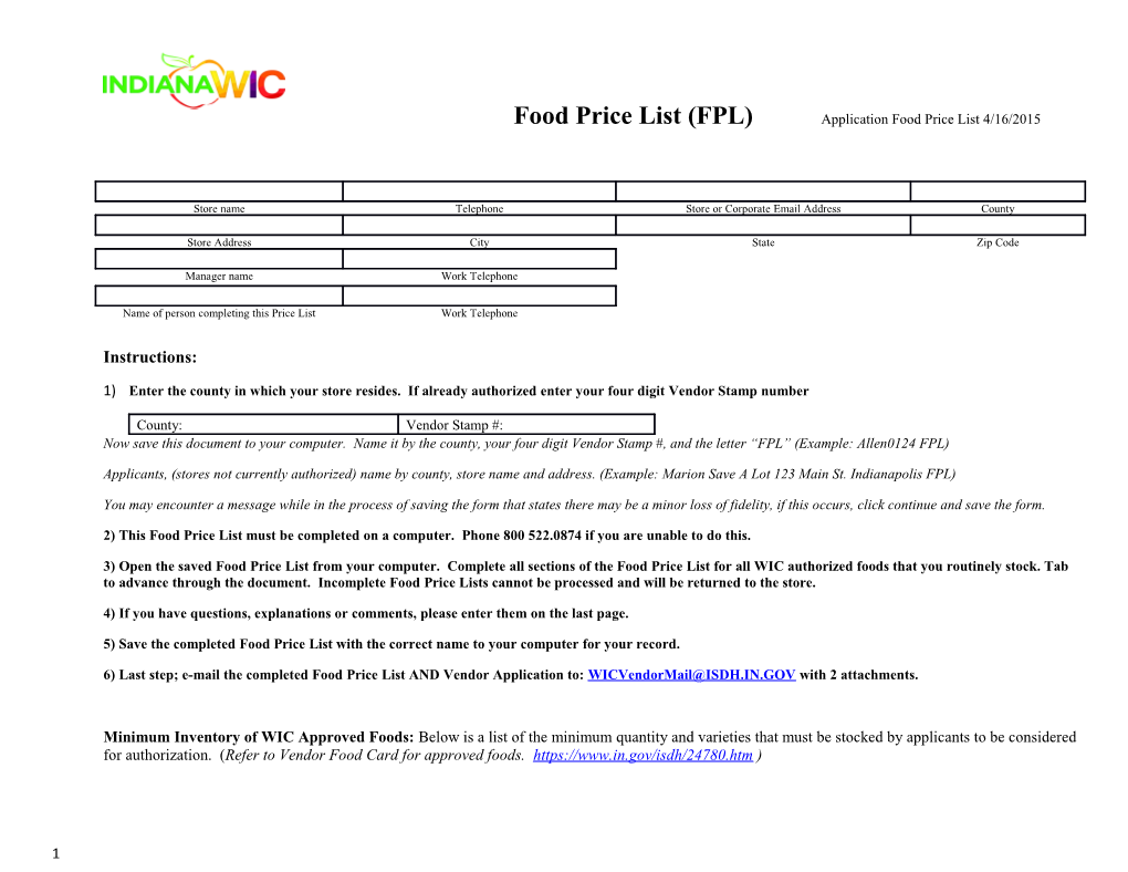 Food Price List (FPL) Application Food Price List 4/16/2015