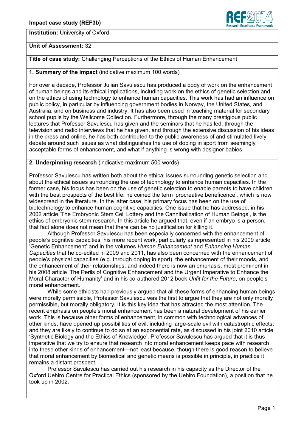 Impact Case Study (Ref3b) Page 1 Institution: University of Oxford Unit of Assessment