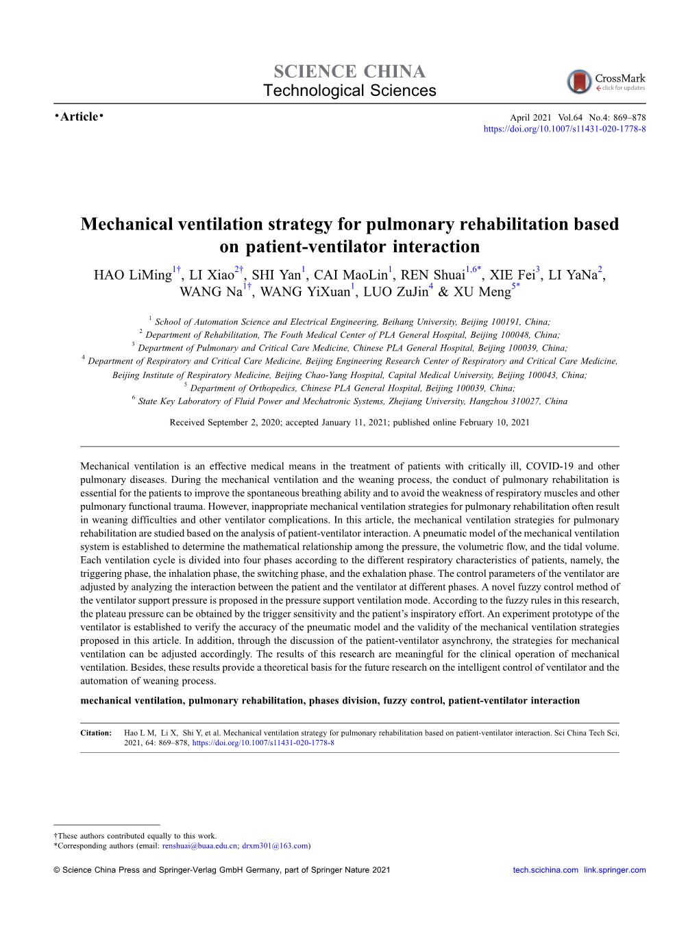 Mechanical Ventilation Strategy for Pulmonary Rehabilitation Based On