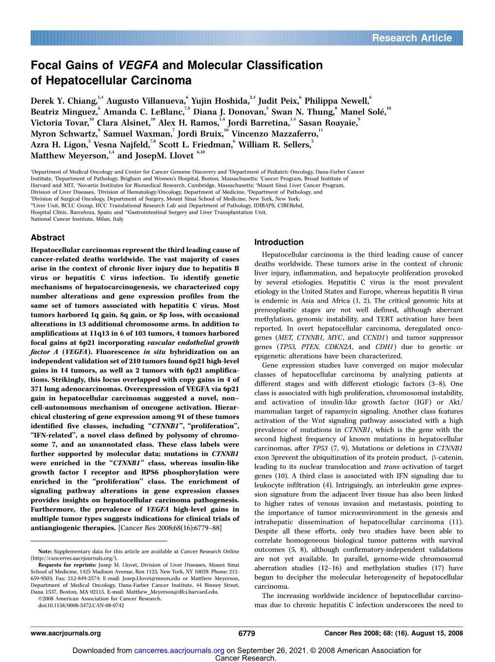 Focal Gains of VEGFA and Molecular Classification of Hepatocellular Carcinoma