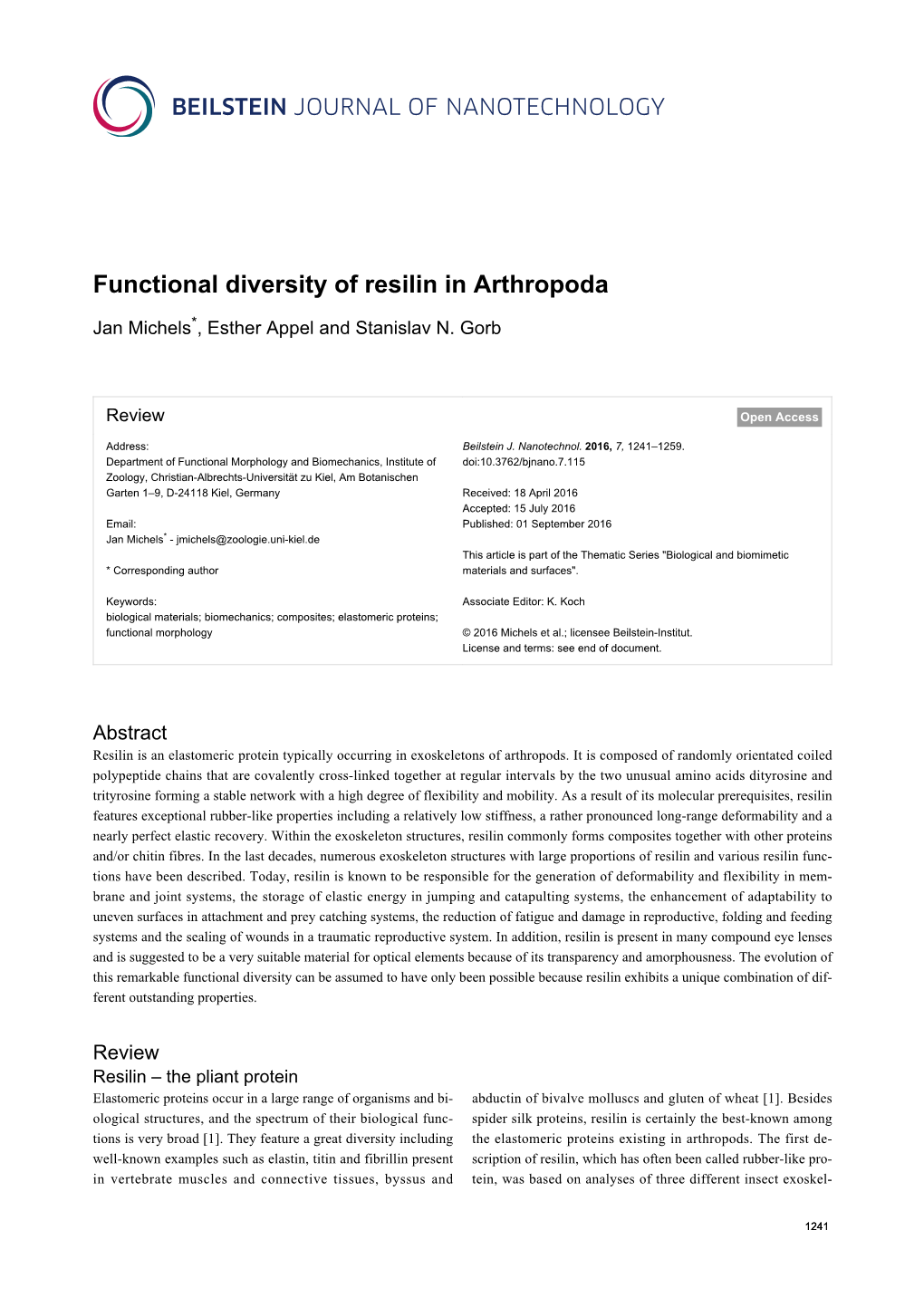 Functional Diversity of Resilin in Arthropoda